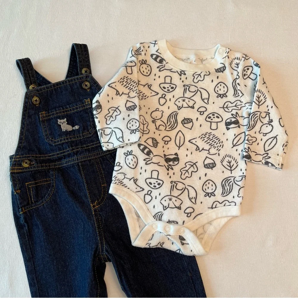 Carters 6M Denim Bibs Overalls Long Sleeve Thermal Bodysuit Woodland Animals